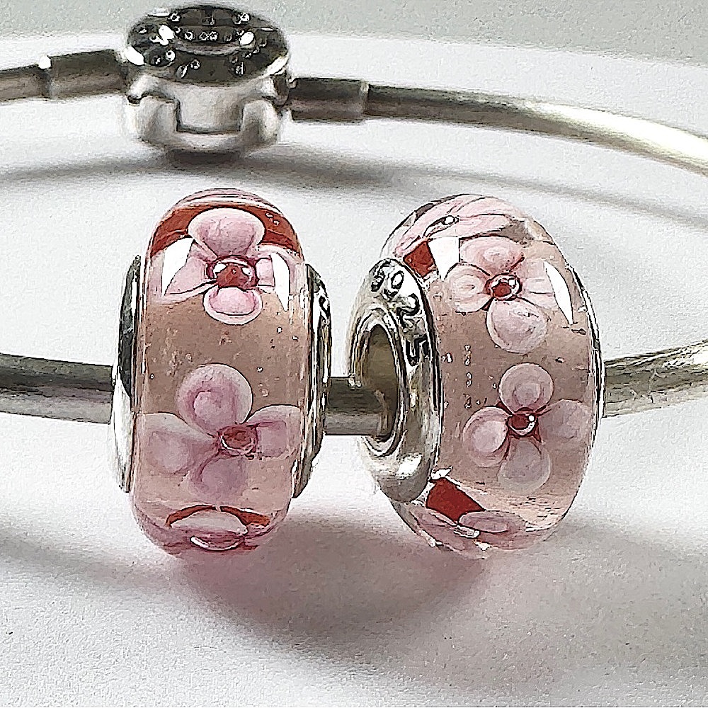 2 charms for Pandora pretty pink flower murano 925 sterling silver cores